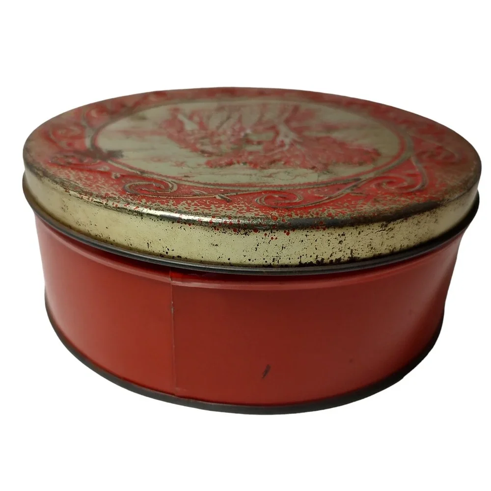 Vintage Embossed‎ Tin Sweets Romantic Couple Red Gold Round Seven Inch Tin SEE
